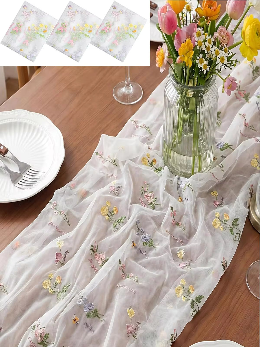 3pcs White Floral Table Runner 10ft Embroidered Tulle Spring Wildflower Table Runner Seasonal Summer Butterfly Kitchen Dining Room Gauze Decor Suitable For Baby Shower Wedding Party Birthday (White, Pink)